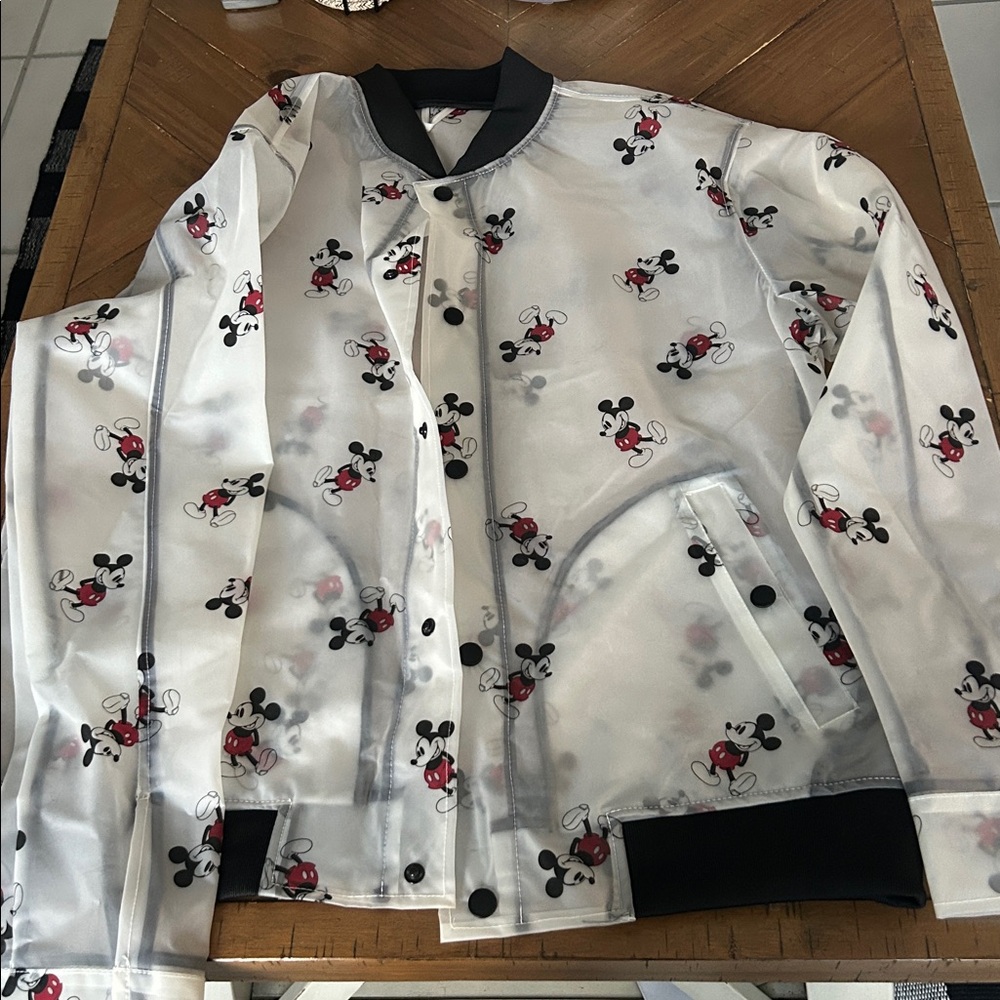 Disney Mickey Mouse Patterned Raincoat Jacket with Black and Red Accents